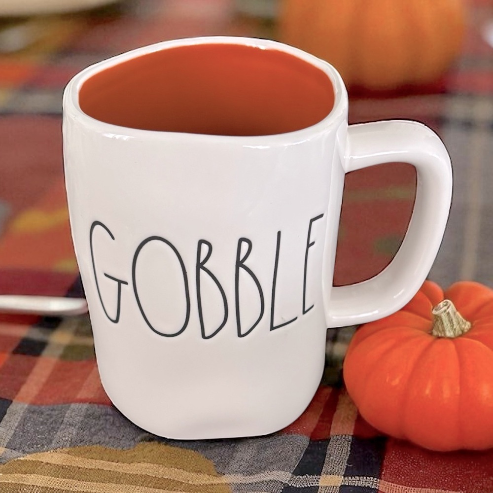 NEW RAE DUNN Ceramic GOBBLE Large Mug Autumn Fall Thanksgiving White Orange
